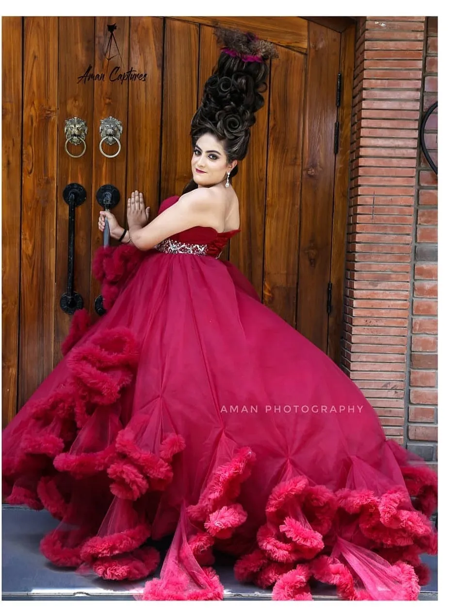 G148, Wine Off-Shoulder Cloud Trail Ball Gown, Free Size, pp