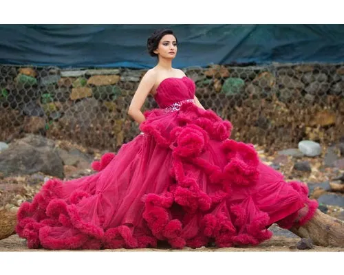 G148, Wine Off-Shoulder Cloud Trail Ball Gown, Free Size,pp