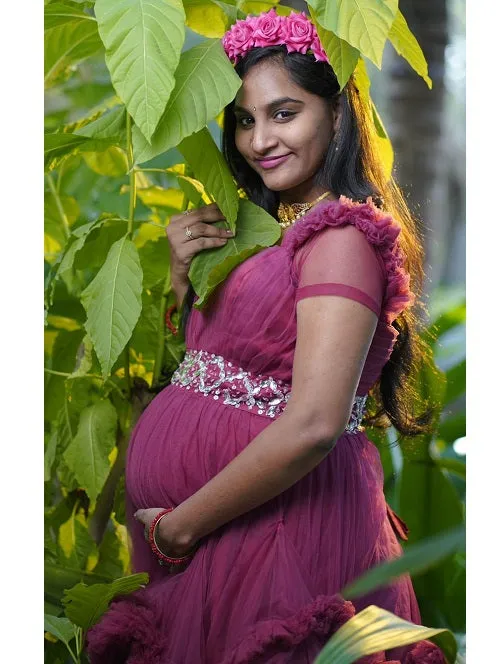 G148, Wine Puffy Maternity Shoot  Baby Shower Trail Gown, Free Size pp