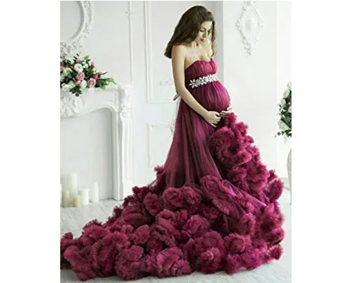 G148, Wine Puffy Maternity Shoot  Baby Shower Trail Gown, Free Size pp