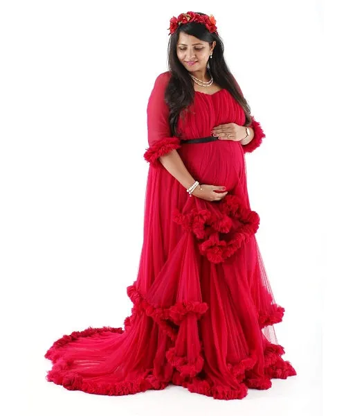 G668, Red Puffy Maternity Shoot  Baby Shower Trail Gown Size, (All) pp