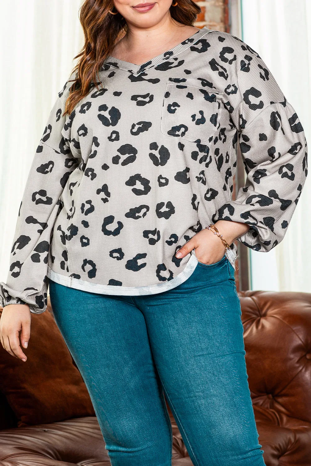 Gray Printed Leopard Balloon Sleeve Thermal Knit Plus Size Top