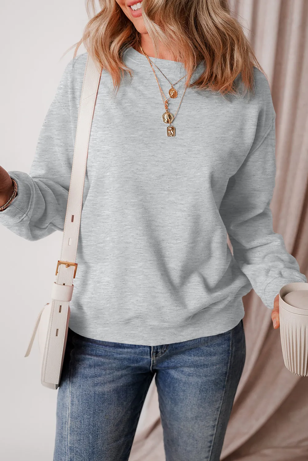 Gray Solid Fleece Lined Drop Shoulder Terry Sweatshirt