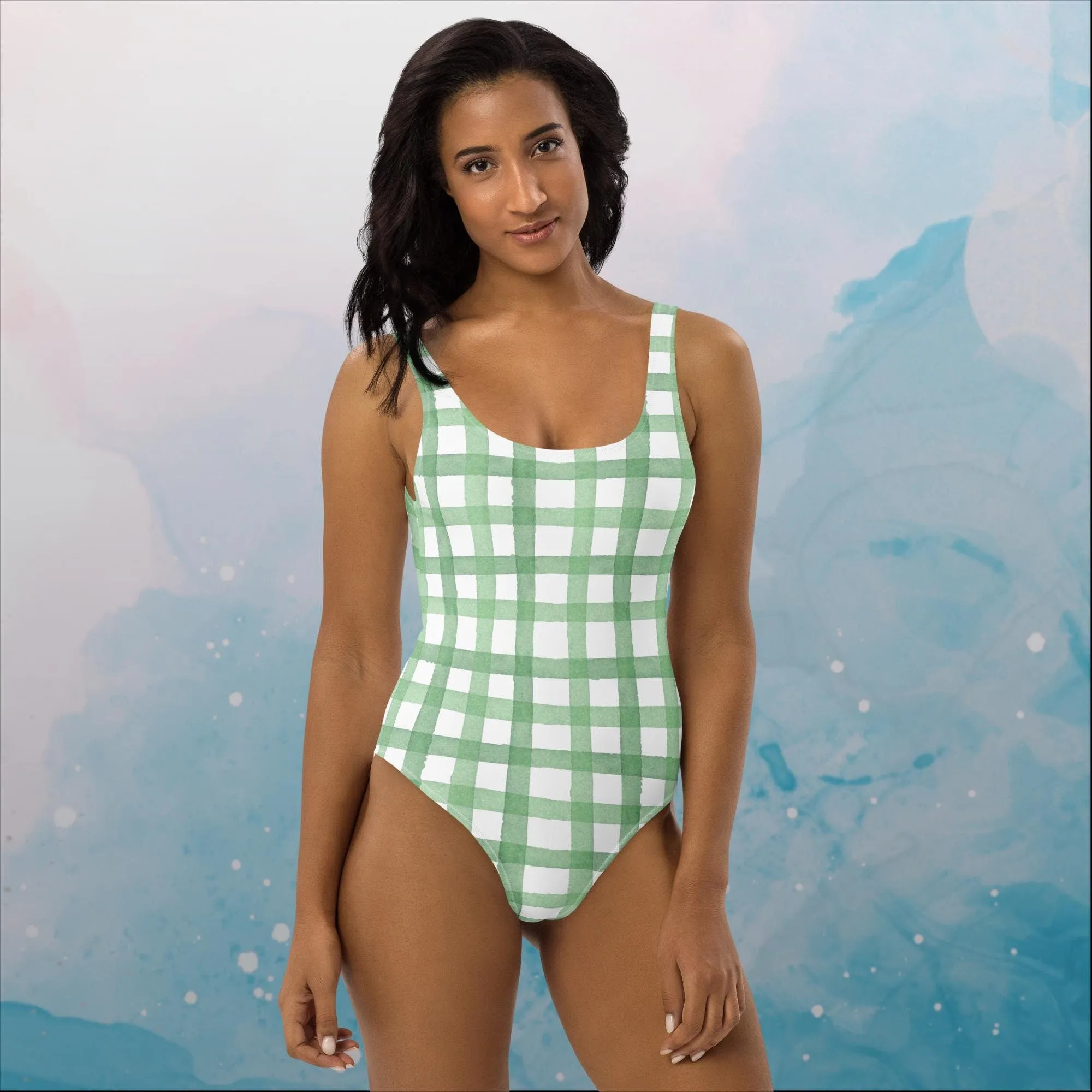 Green Gingham Print Womens One Piece Swimsuit