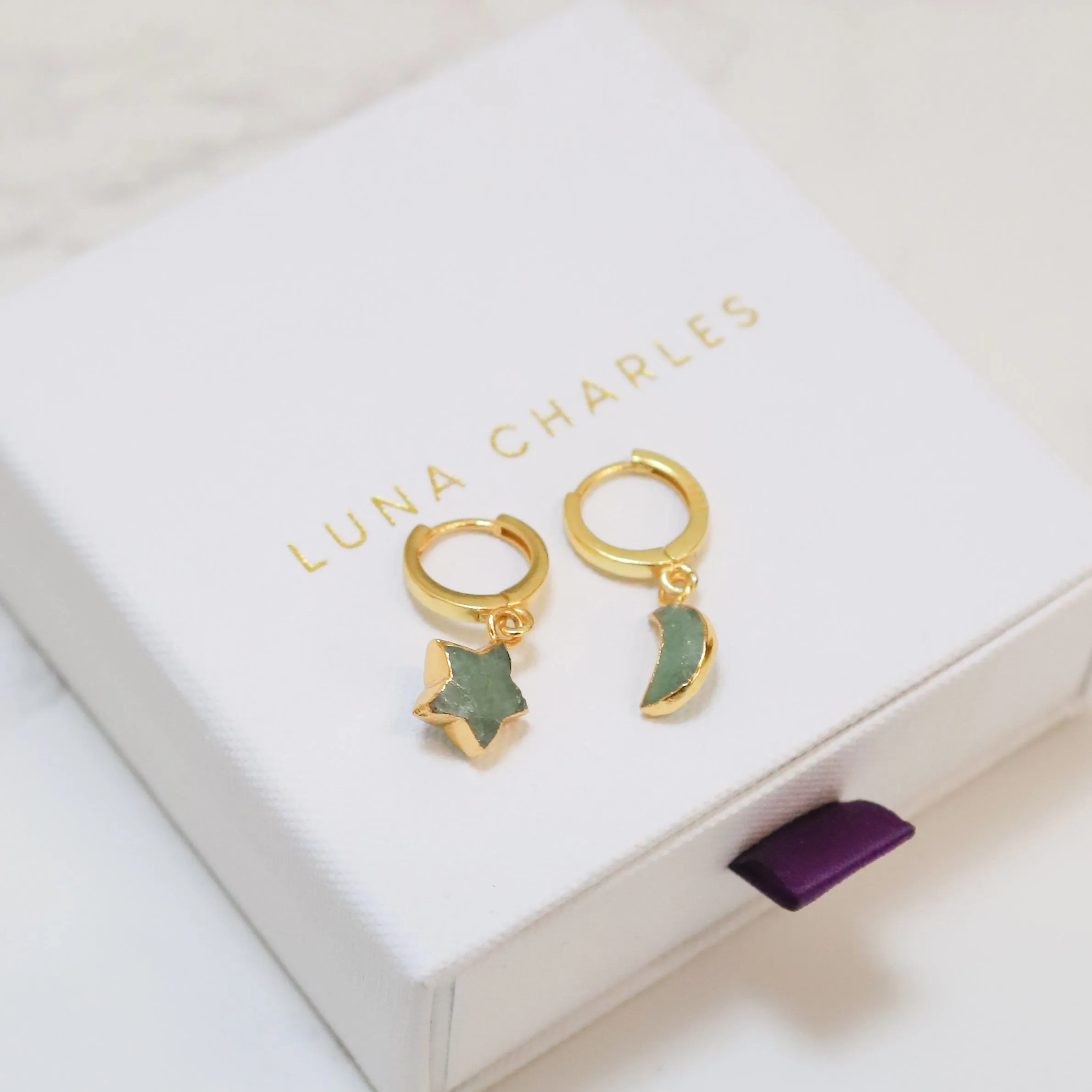 Joni Aventurine Star & Moon Charm Huggies | 18k Gold Plated