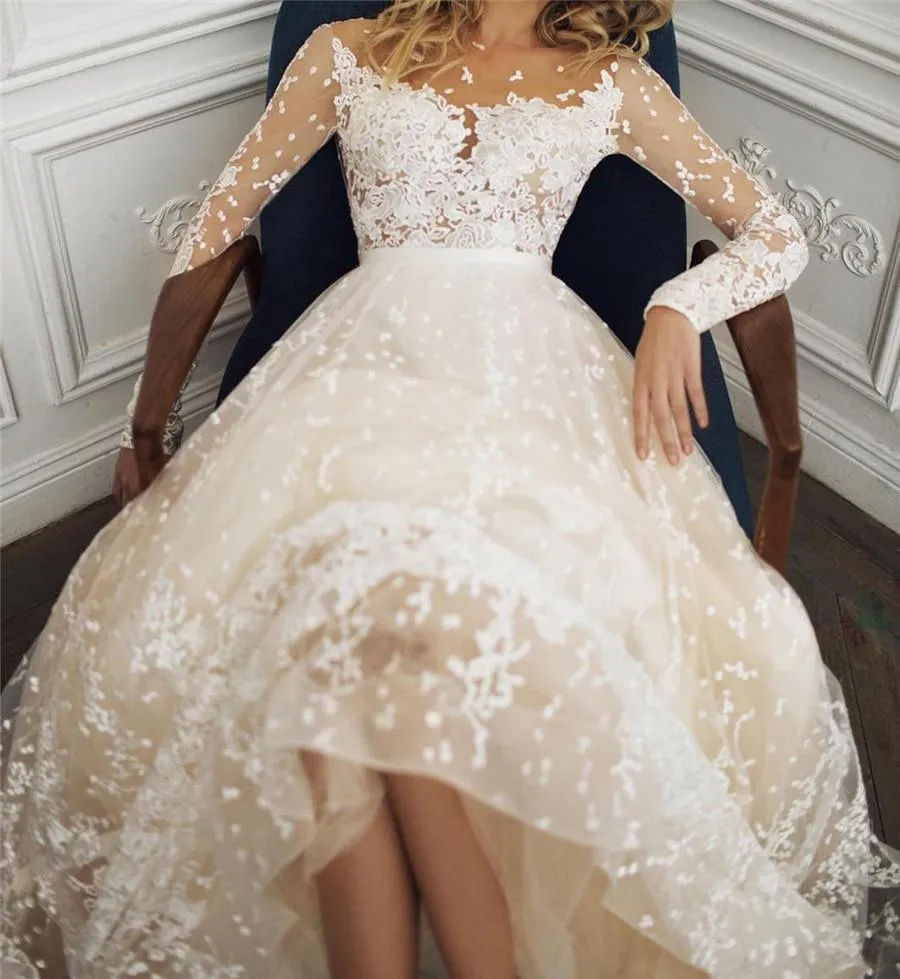 Long Sleeves Open Back Champagne Wedding Dress