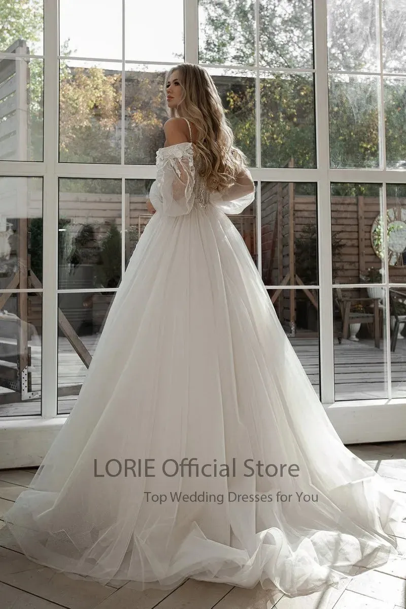 LORIE Glitter Wedding Dresses Puff Sleeve Appliques Lace 3D Flowers off Shoulder Tulle Boho Bride Gown 2024 vestidos de novia