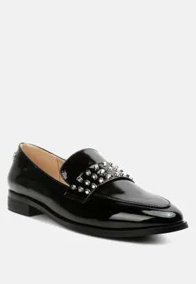 MEANBABE Semicasual Stud Detail Patent Loafers in Black