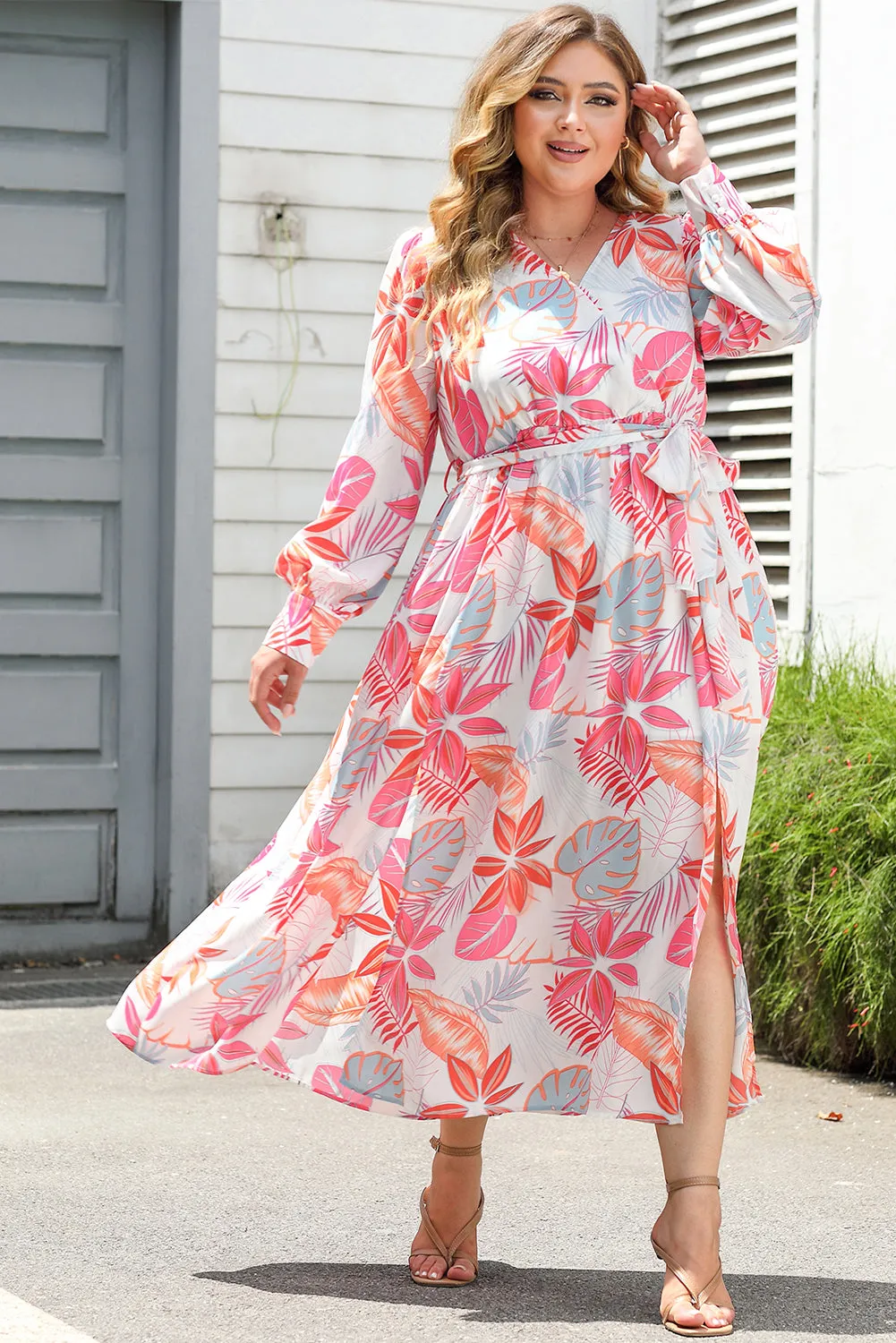 Multicolor Tropical Palm Print Tie High Waist Plus Size Maxi Dress