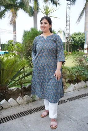 Muted Navy Sanganeri Cotton Kurta