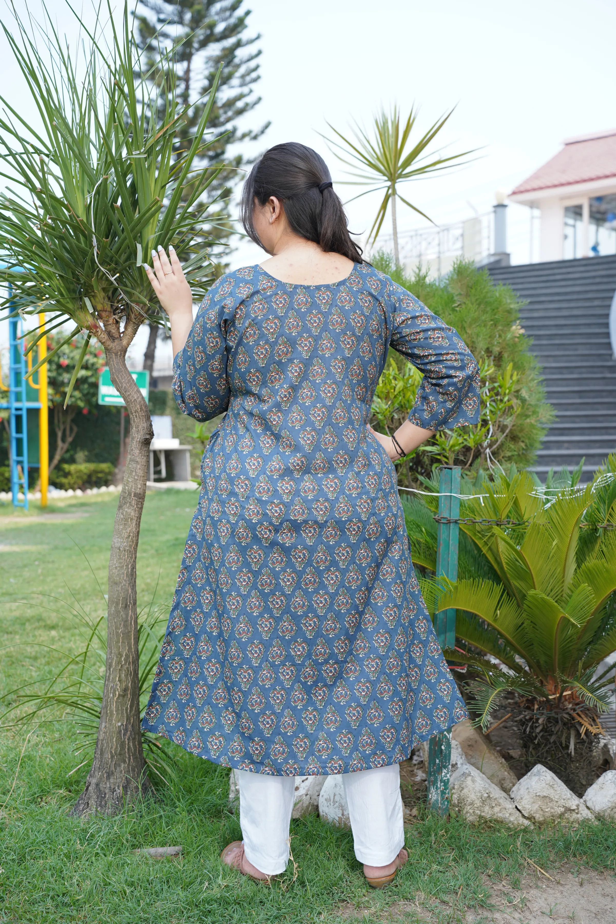 Muted Navy Sanganeri Cotton Kurta