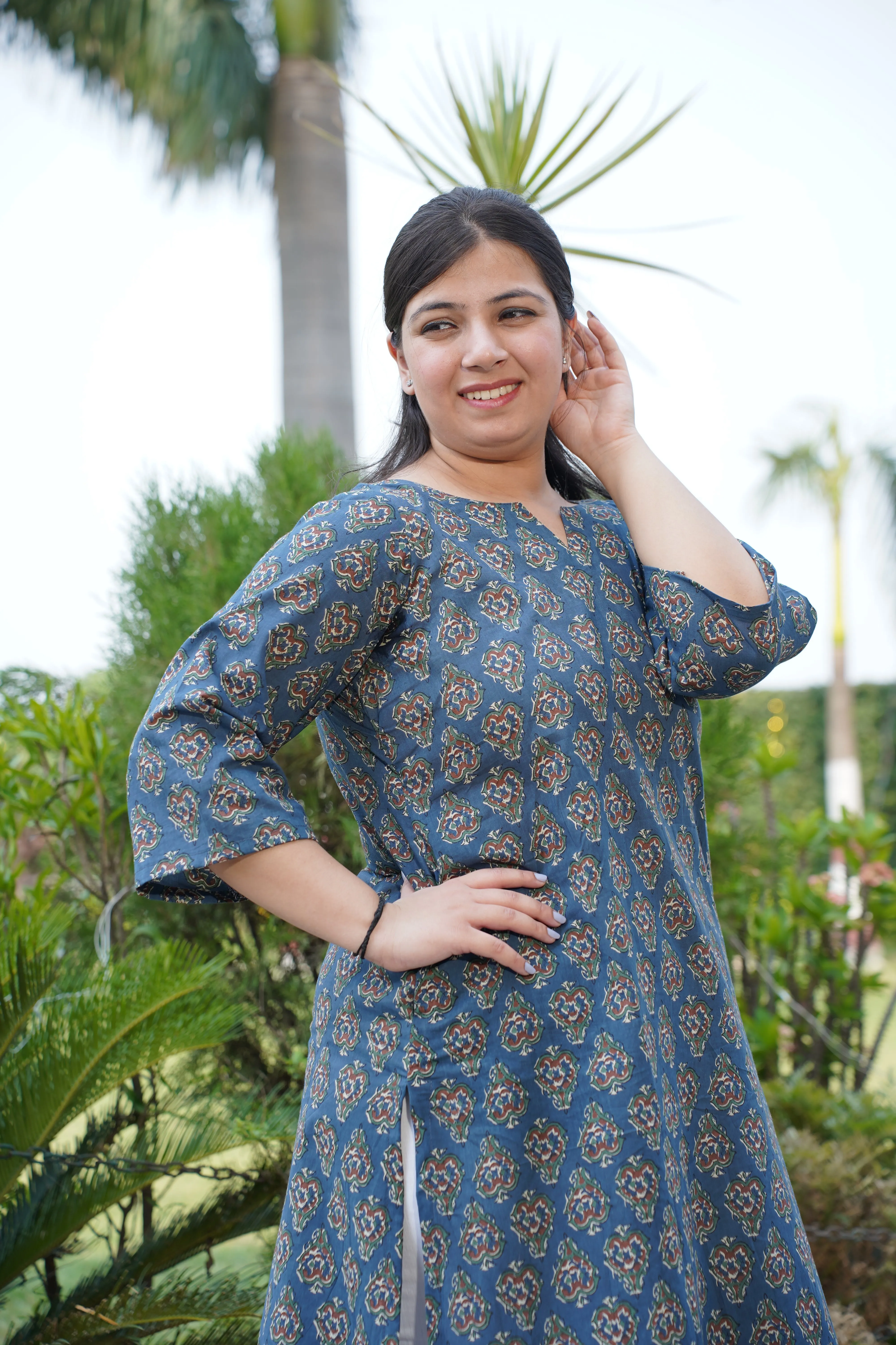 Muted Navy Sanganeri Cotton Kurta