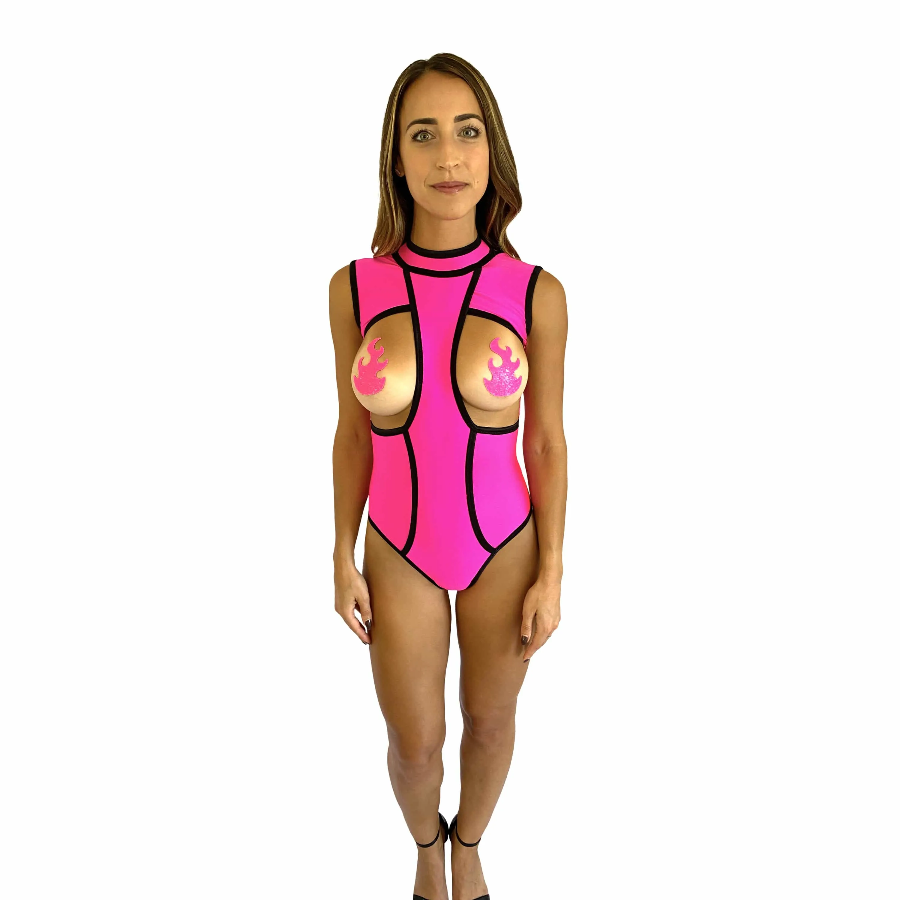 Neon Pink Blacklight Peepers One Piece Bodysuits