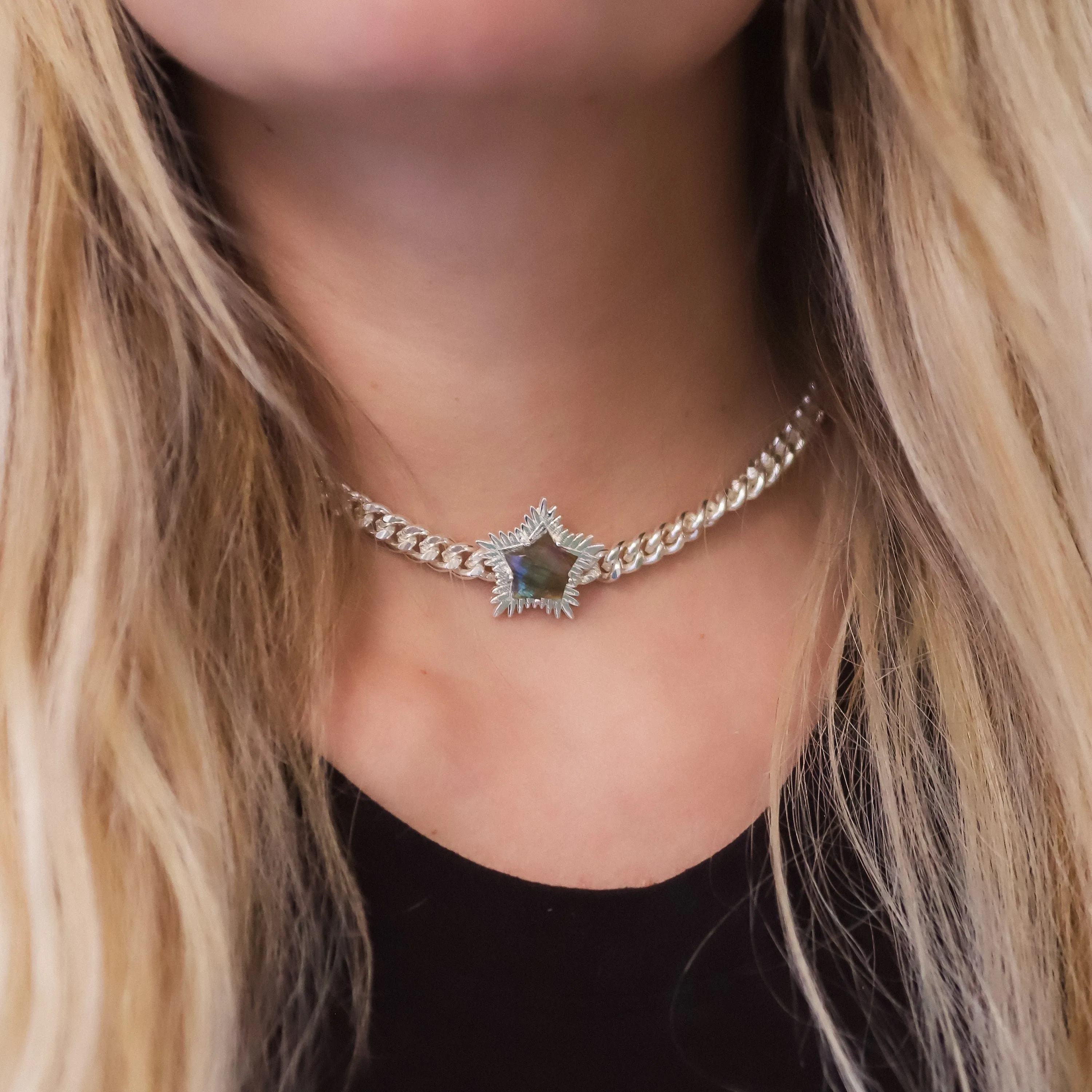 Odette Labradorite Spiky Star Choker Necklace | 925 Sterling Silver