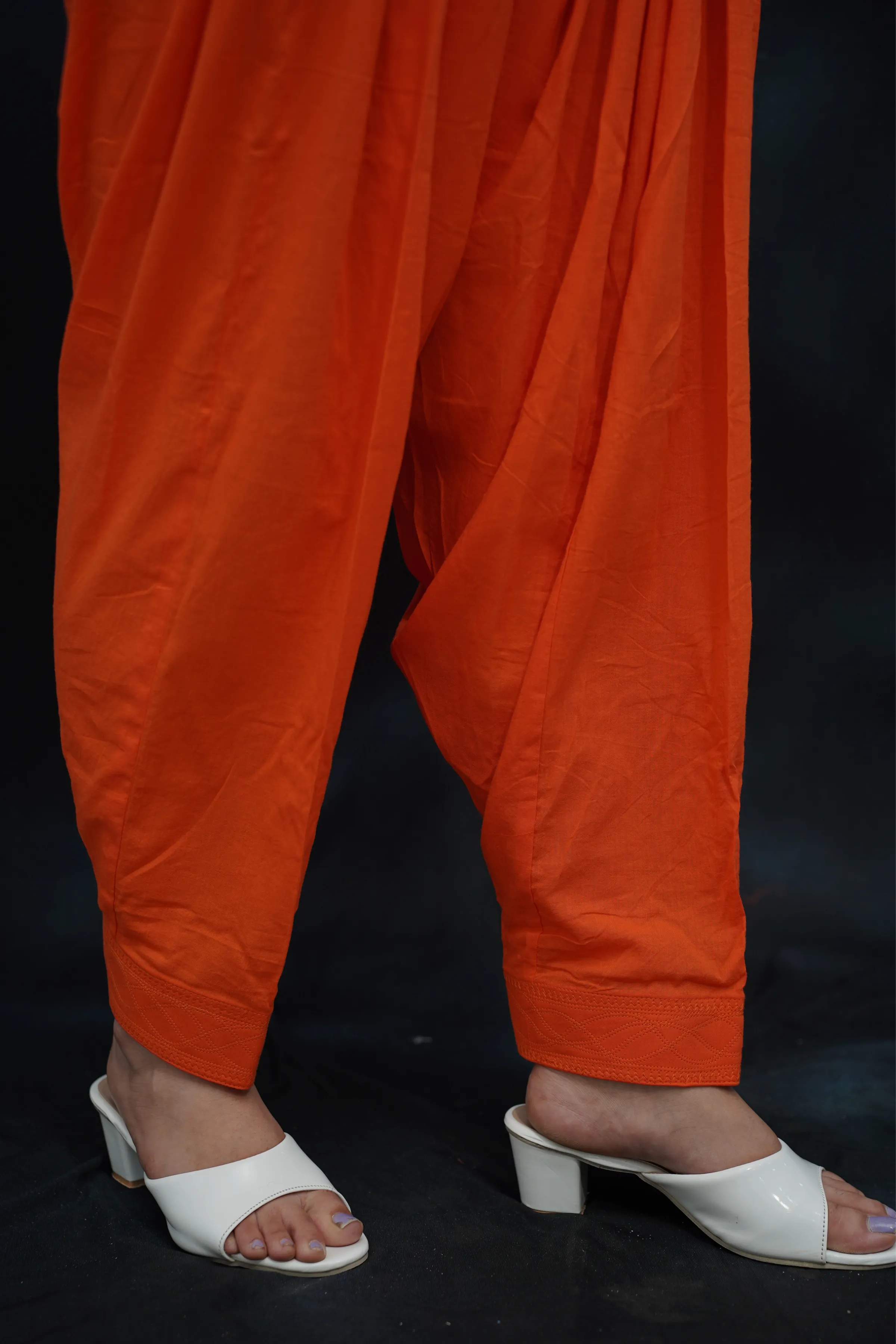 Orange Pleated Cotton Salwar