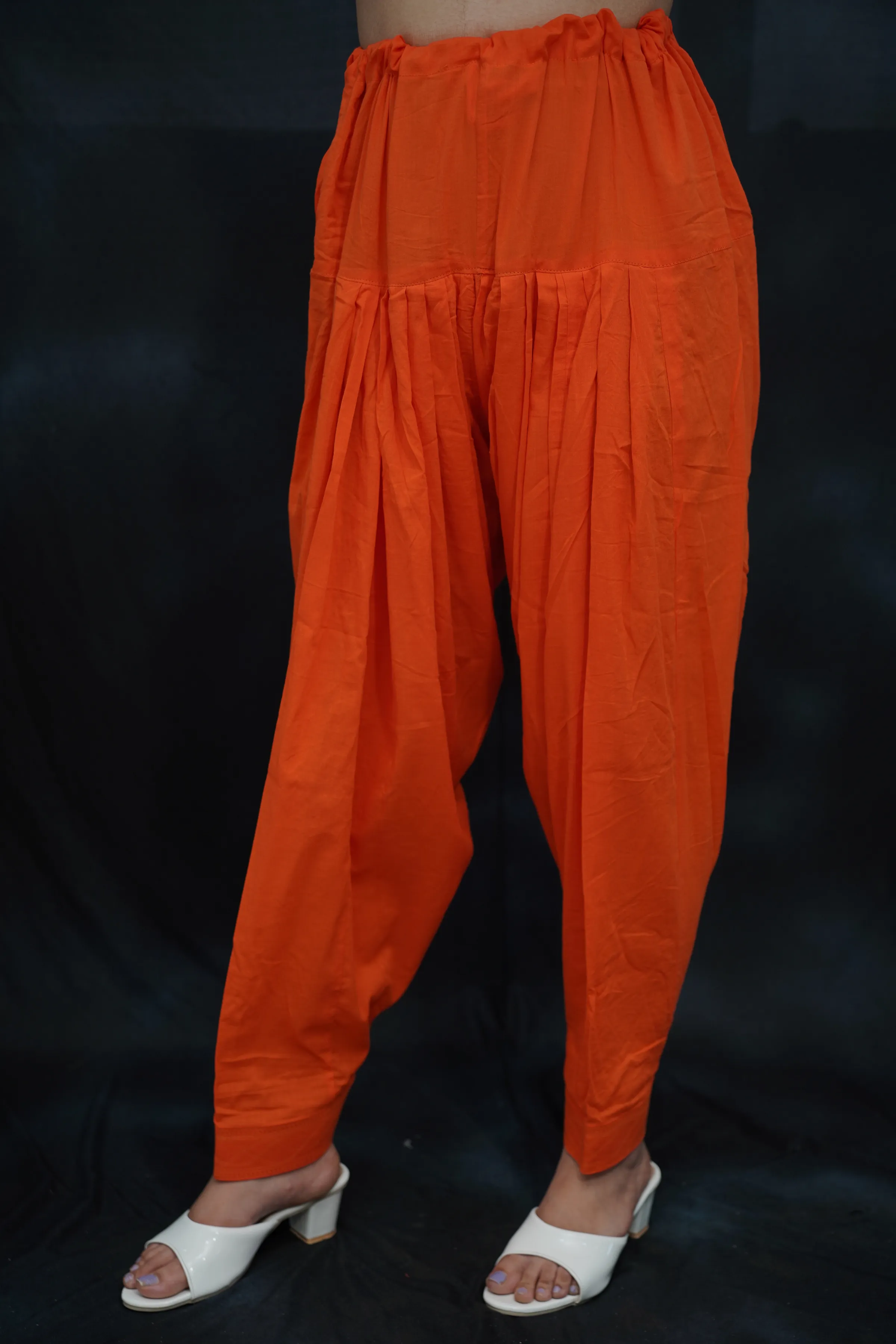 Orange Pleated Cotton Salwar