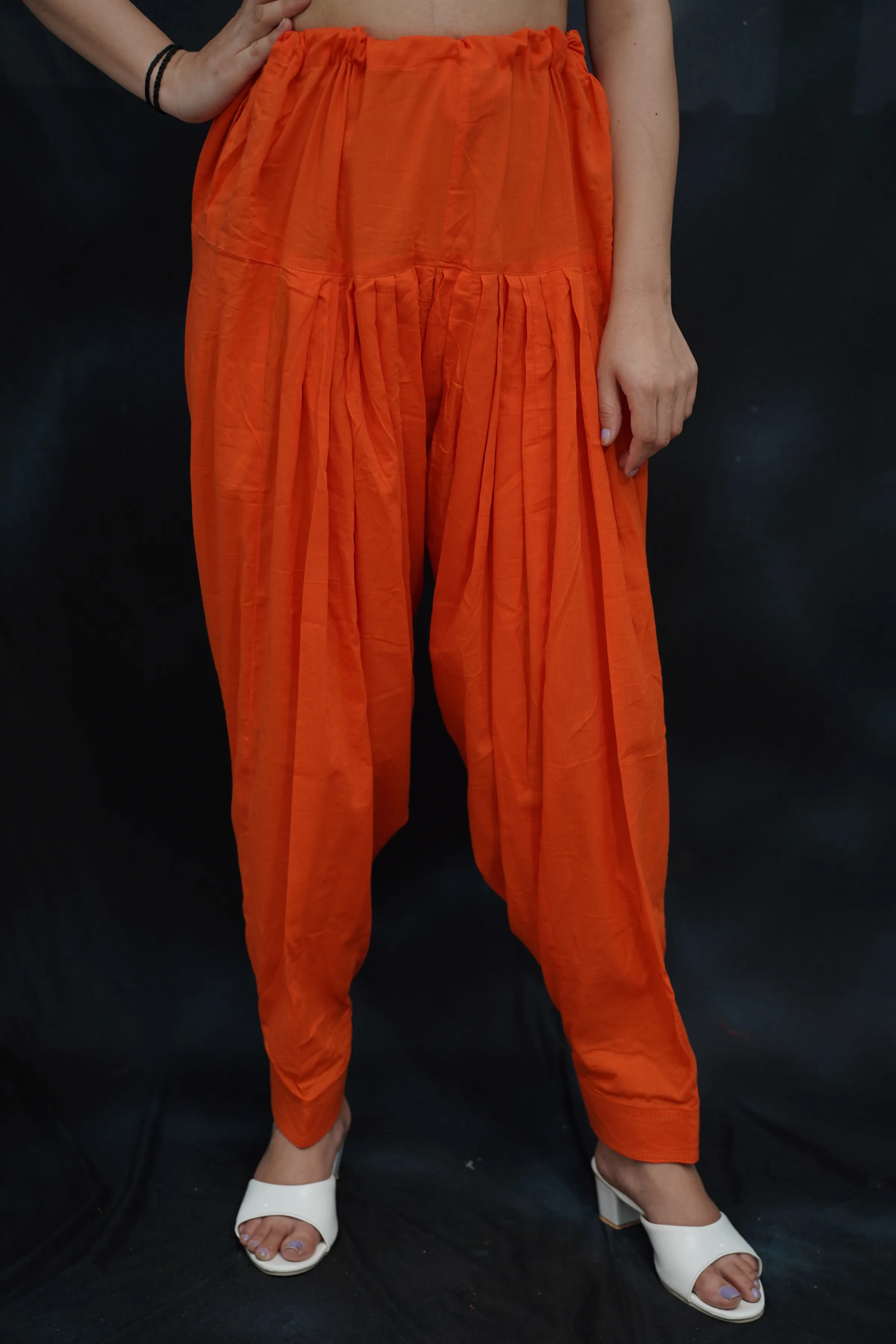 Orange Pleated Cotton Salwar