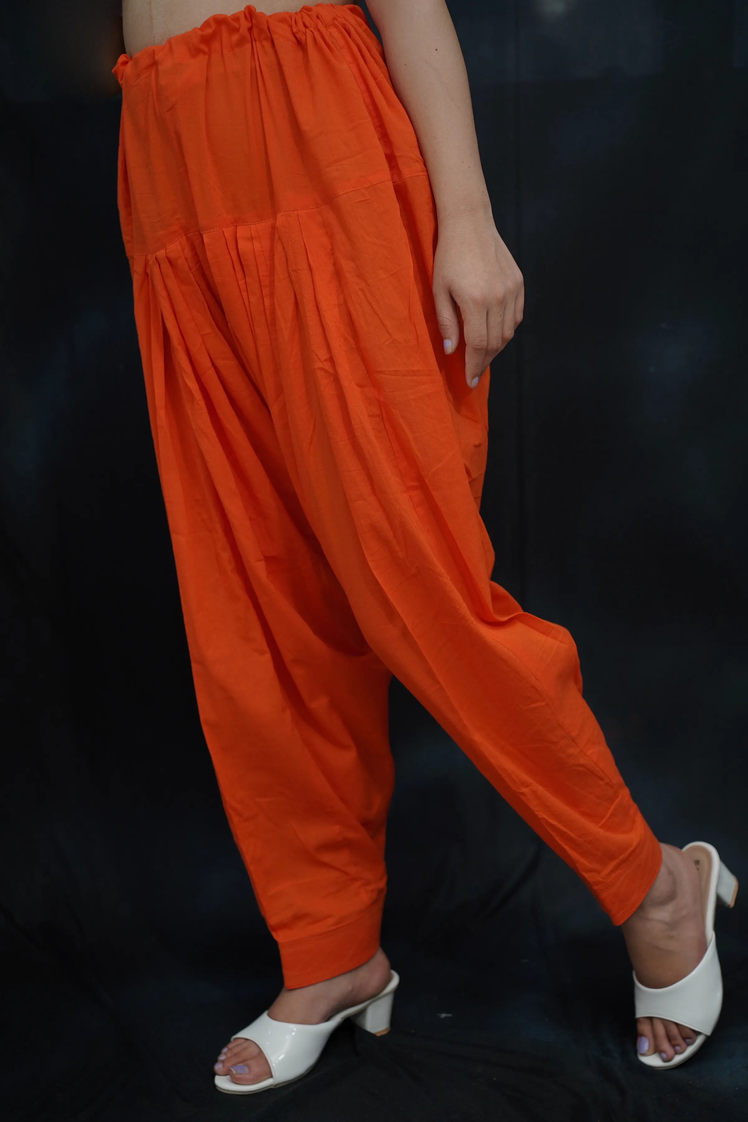 Orange Pleated Cotton Salwar