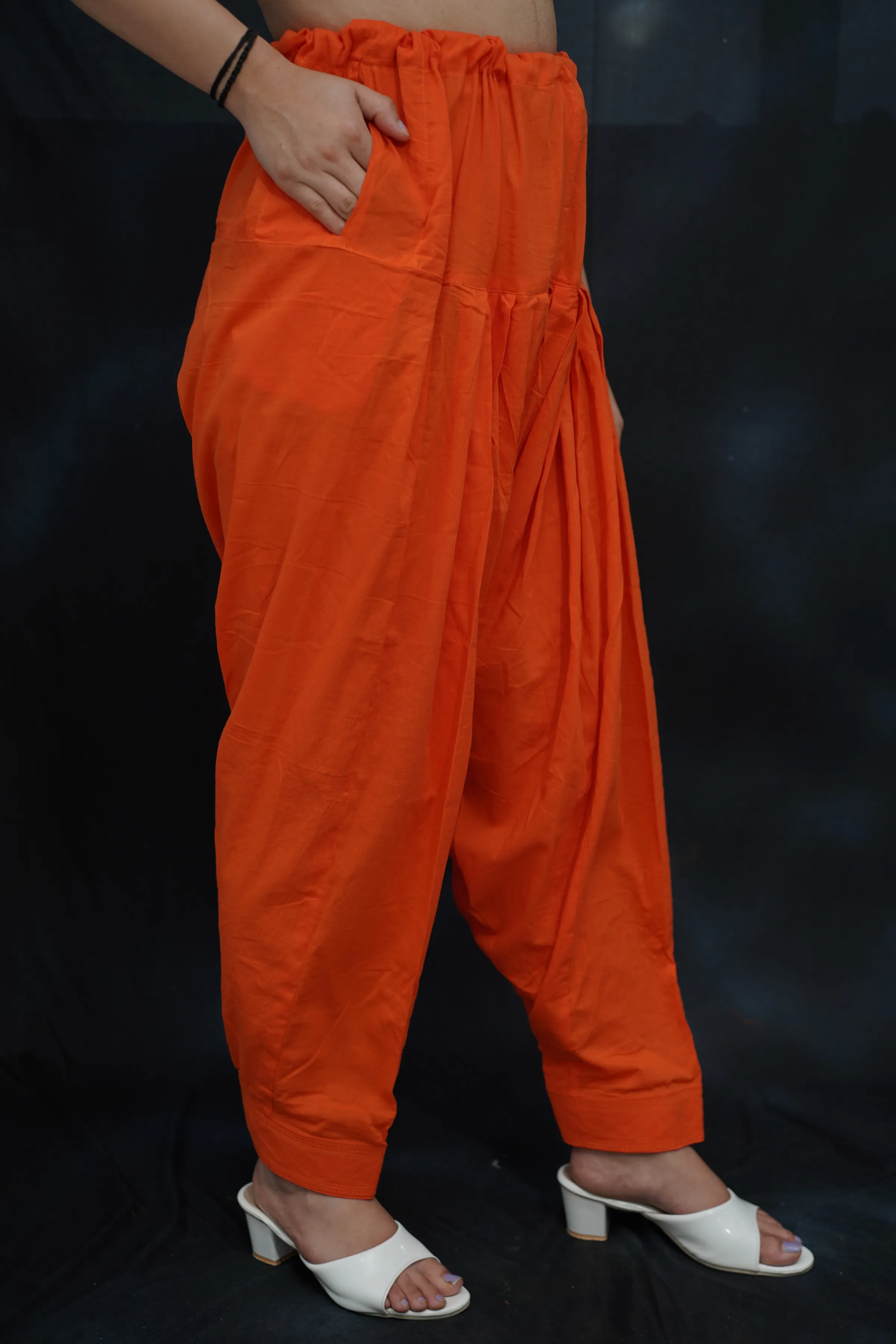 Orange Pleated Cotton Salwar