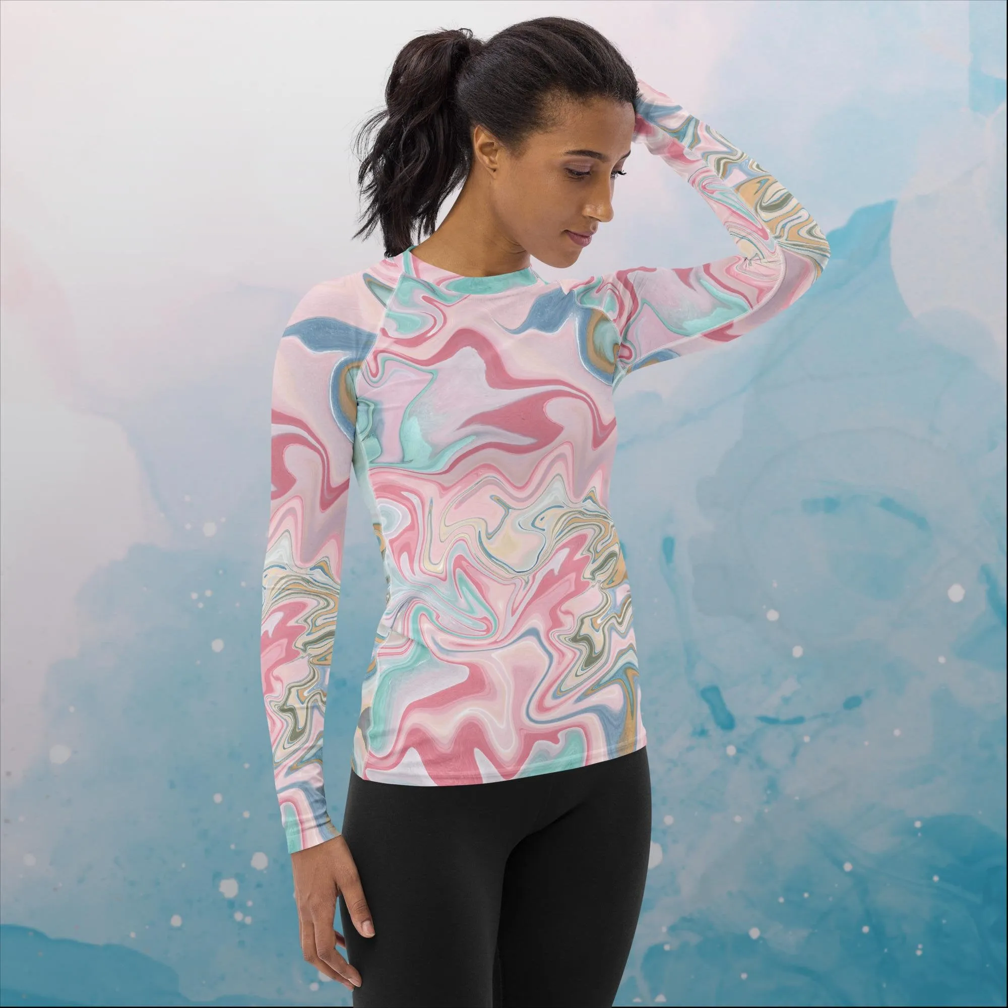 Pink and Mint Marbled Womens Rash Guard