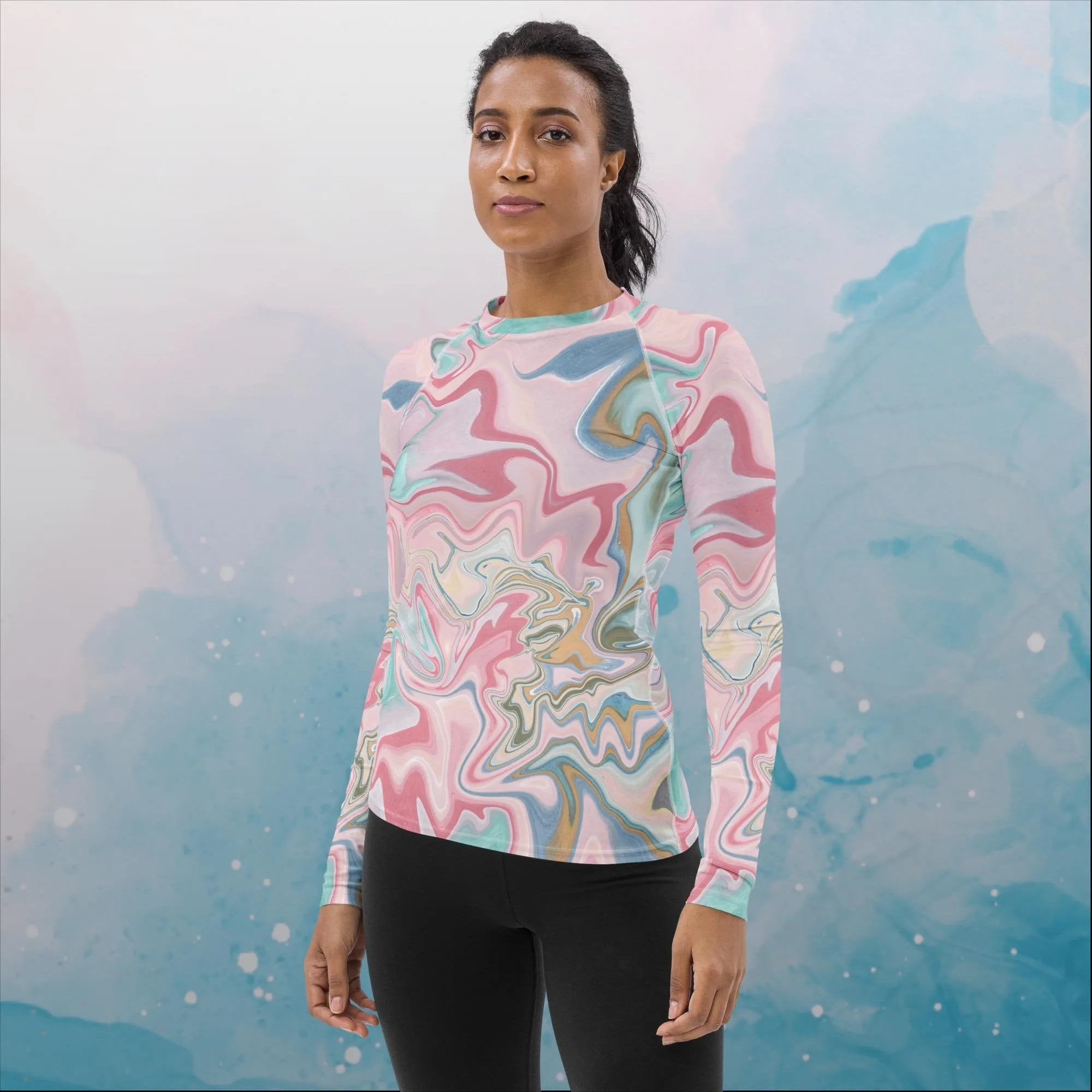 Pink and Mint Marbled Womens Rash Guard