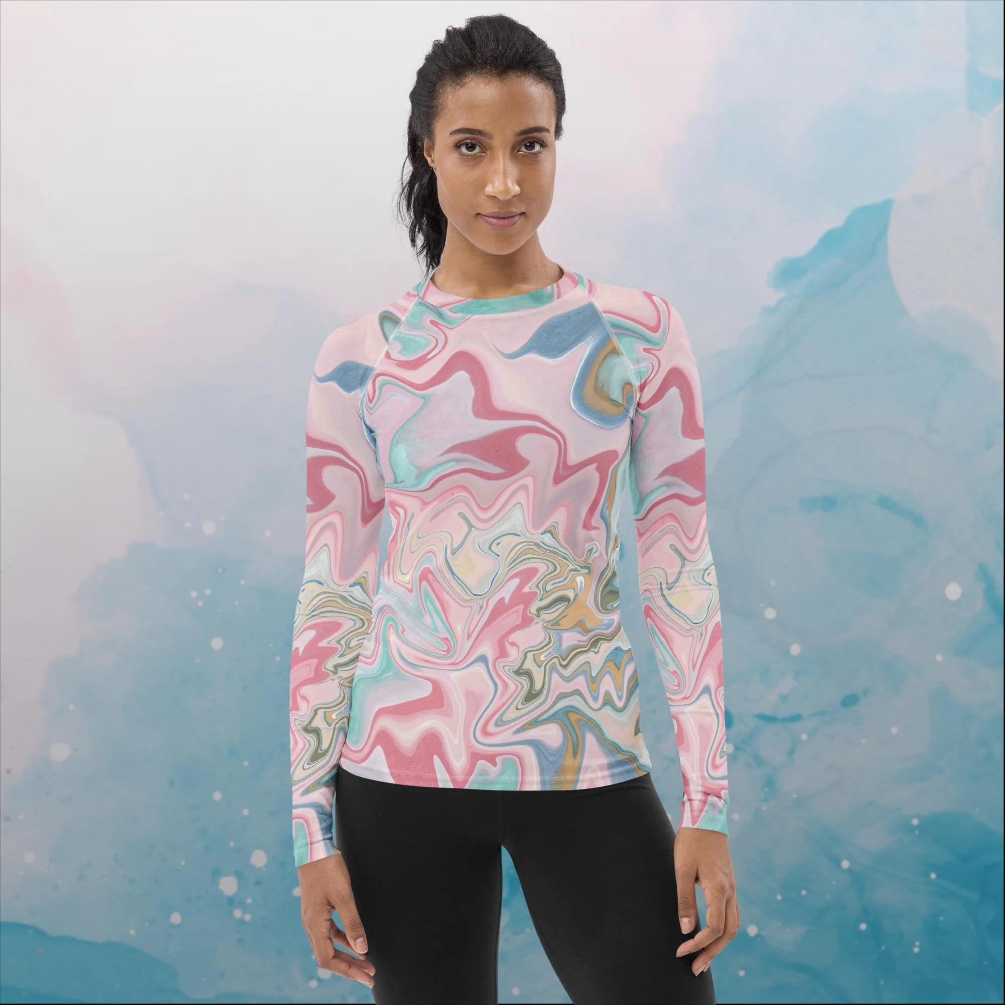 Pink and Mint Marbled Womens Rash Guard