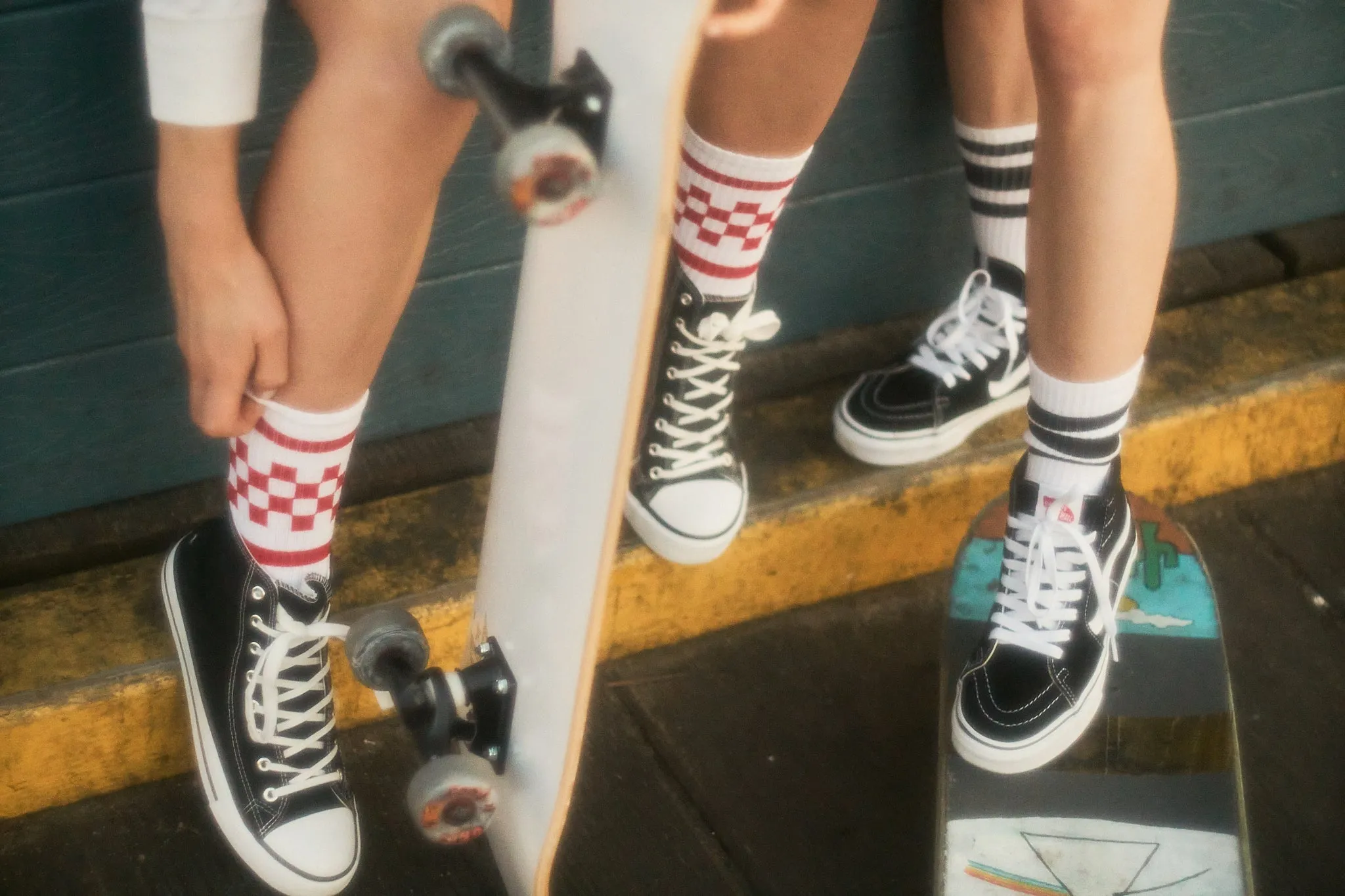 Red Checkered Socks | White