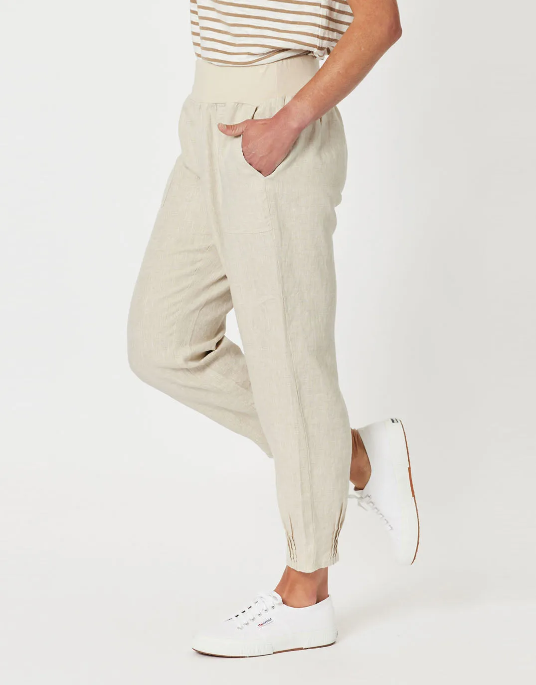 Sarah Rib Waist Linen Pants - Natural