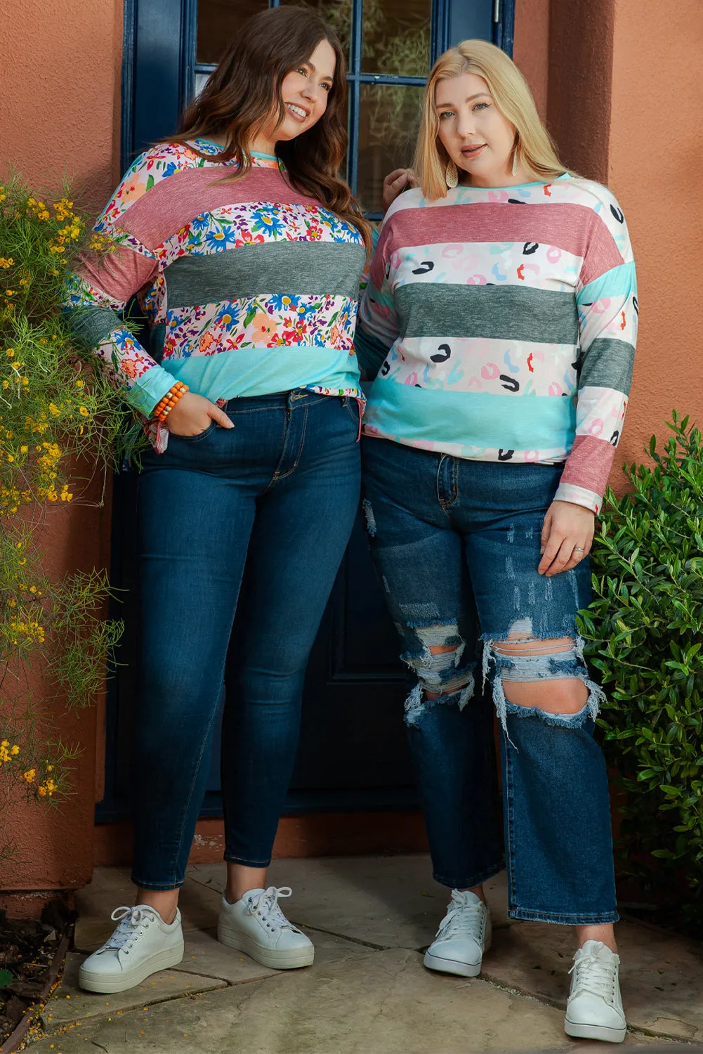 Sky Blue Stripe Plus Size Colorblock Pullover Top