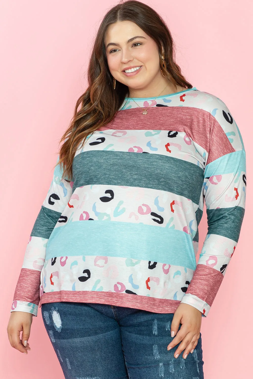 Sky Blue Stripe Plus Size Colorblock Pullover Top