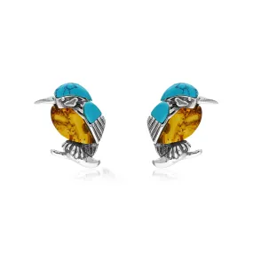 Sterling Silver Amber & Turquoise Large Kingfisher Stud Earrings