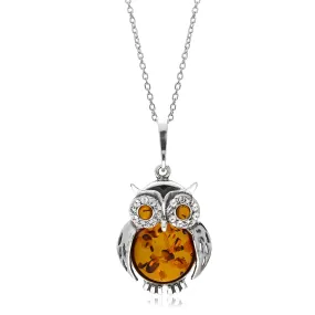 Sterling Silver Amber Extra Large Owl Necklace