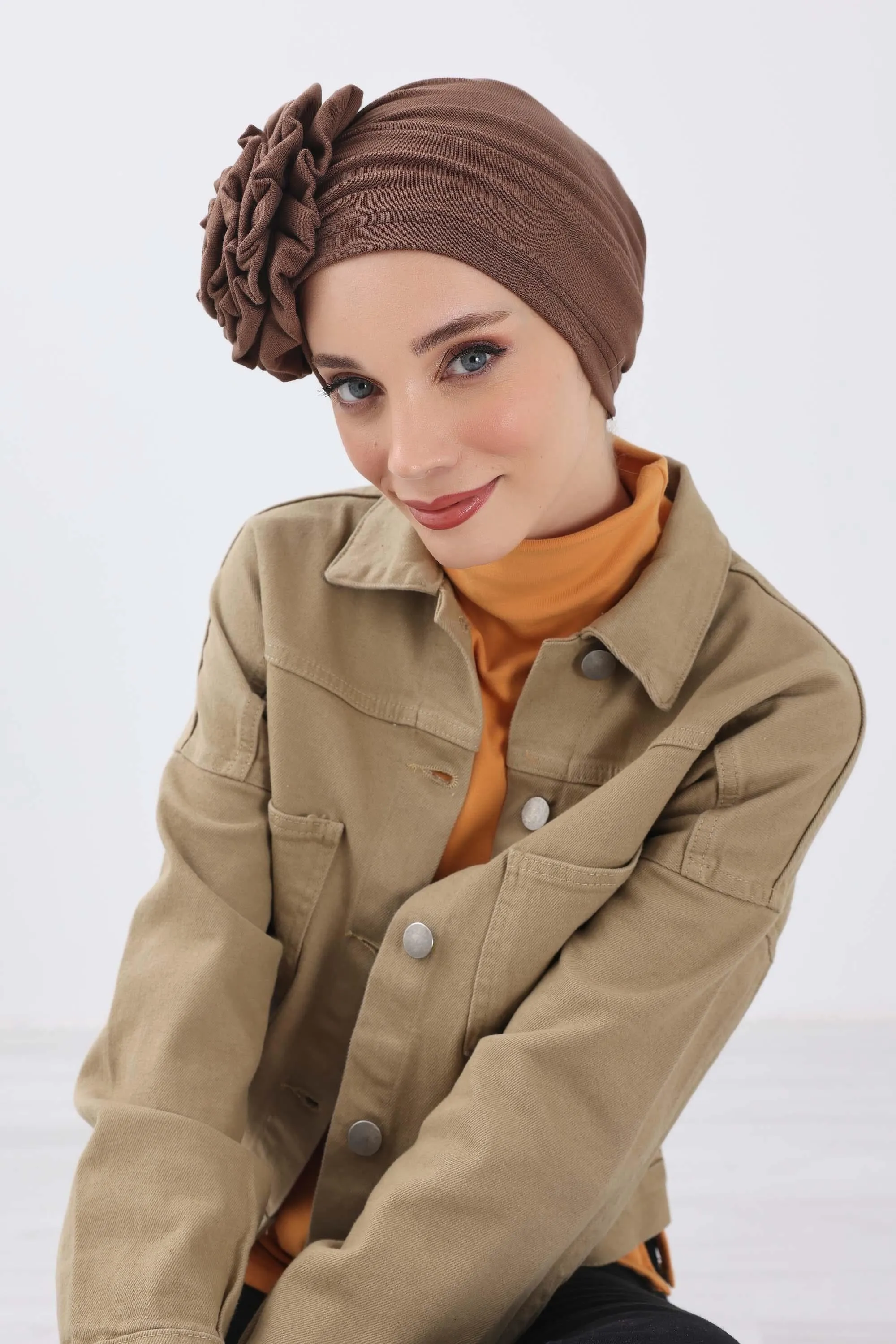 Stylish Rose Design Winter Bonnet for Women, Stretchable Ribbed Instant Turban for Cold Weather, Rose Accent Chemo Headwear,B-21RB