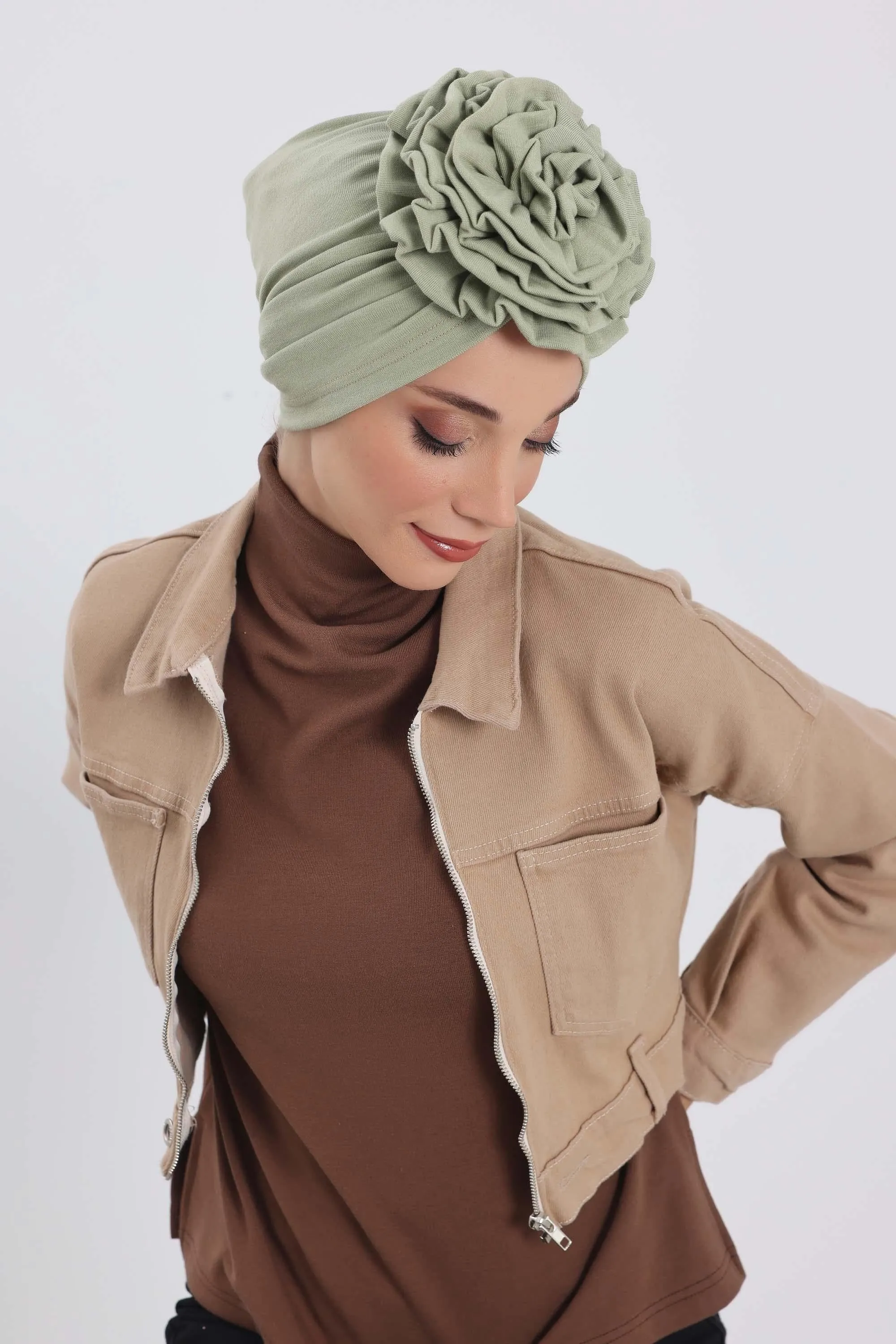 Stylish Rose Design Winter Bonnet for Women, Stretchable Ribbed Instant Turban for Cold Weather, Rose Accent Chemo Headwear,B-21RB