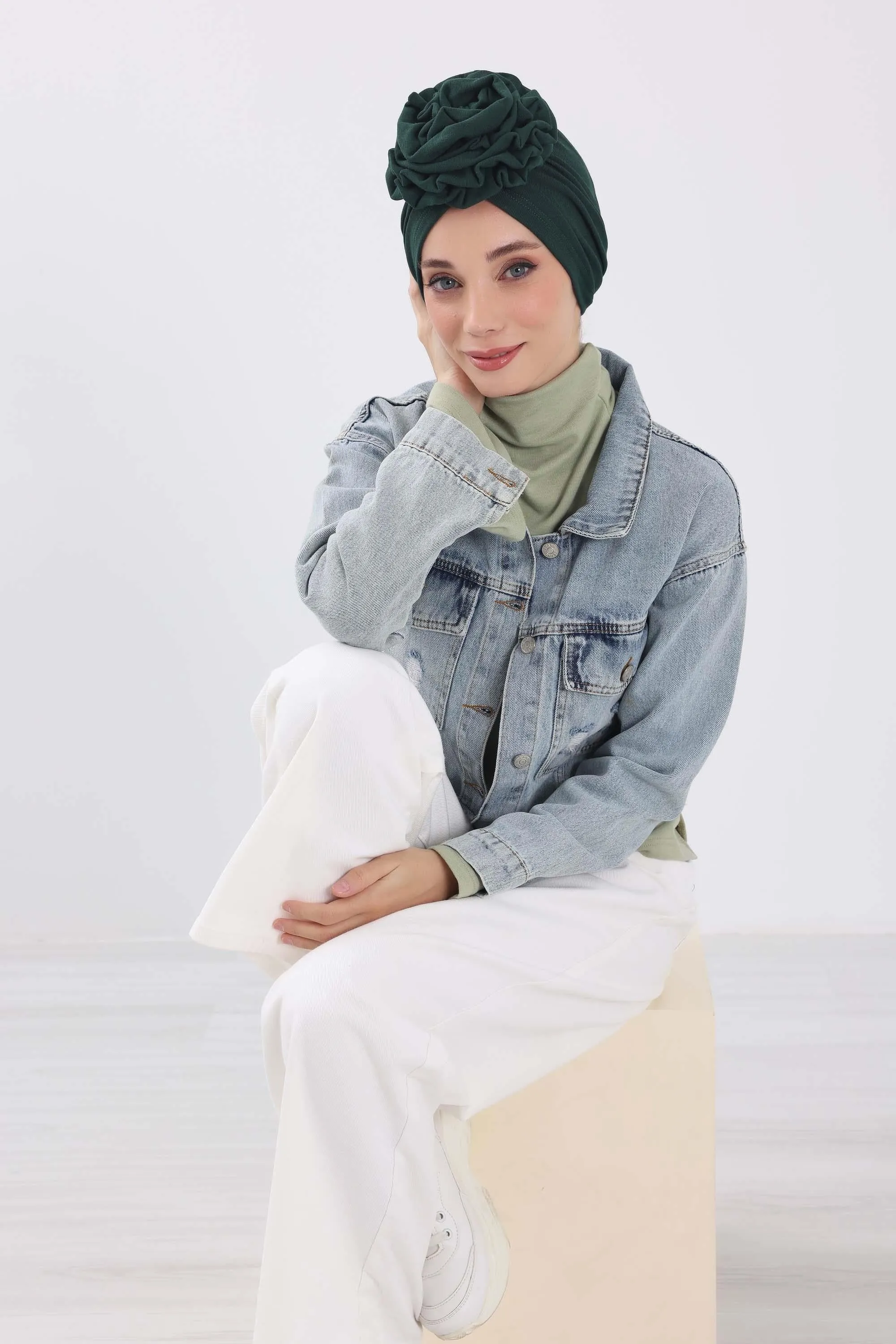 Stylish Rose Design Winter Bonnet for Women, Stretchable Ribbed Instant Turban for Cold Weather, Rose Accent Chemo Headwear,B-21RB