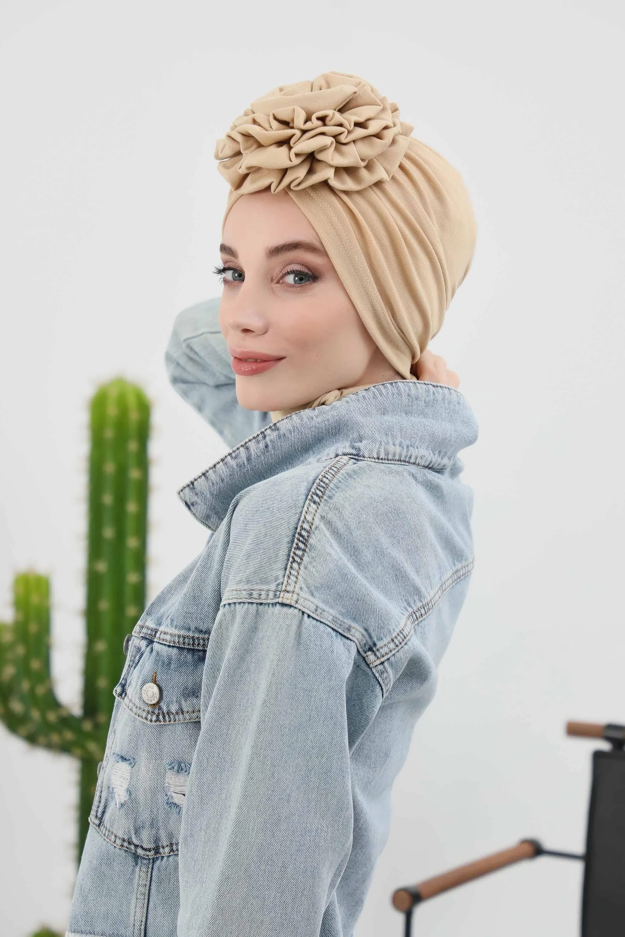 Stylish Rose Design Winter Bonnet for Women, Stretchable Ribbed Instant Turban for Cold Weather, Rose Accent Chemo Headwear,B-21RB