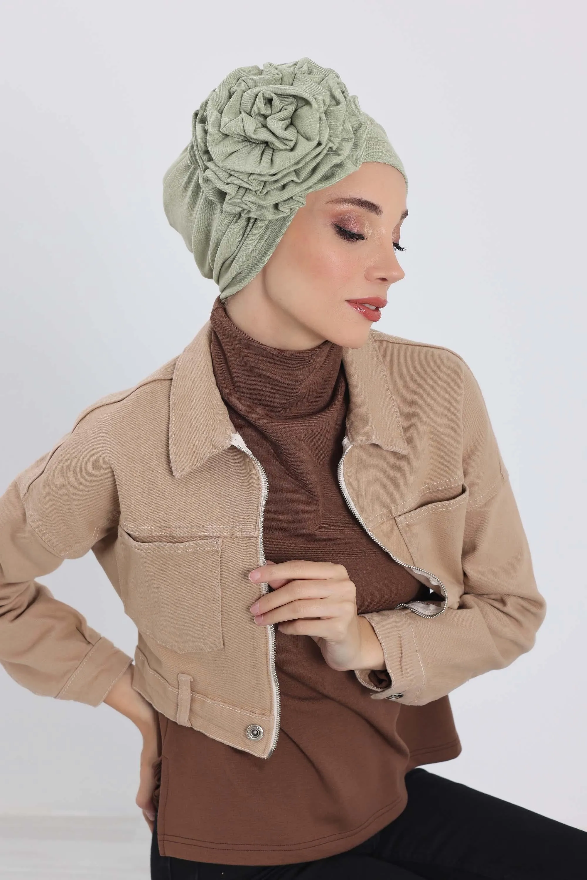 Stylish Rose Design Winter Bonnet for Women, Stretchable Ribbed Instant Turban for Cold Weather, Rose Accent Chemo Headwear,B-21RB