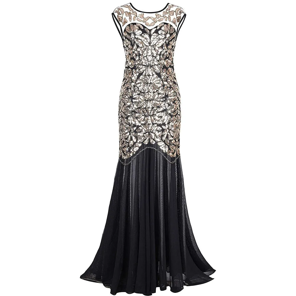 Vestidos Vintage Mujer Sequins Beading Long Evening Dresses Formal Round Neck Lace Long Women Party Special Occasion