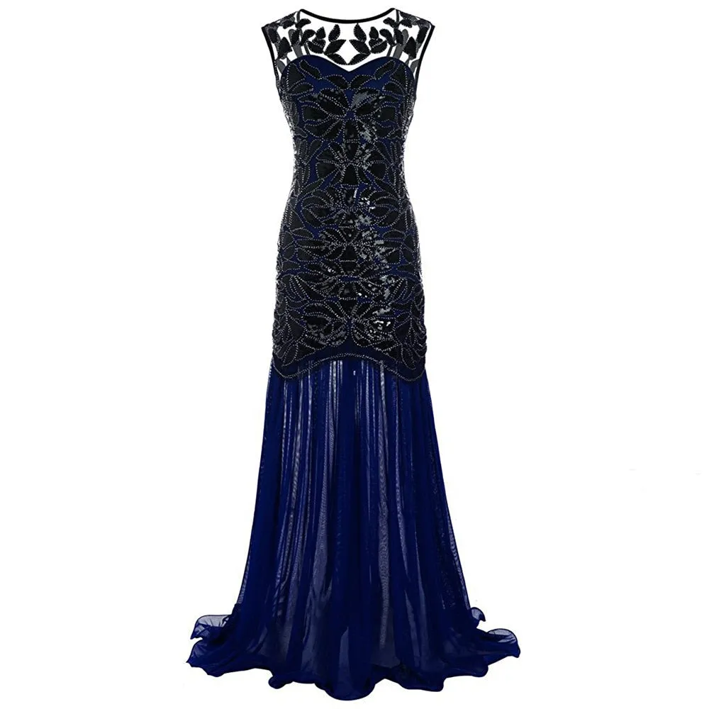 Vestidos Vintage Mujer Sequins Beading Long Evening Dresses Formal Round Neck Lace Long Women Party Special Occasion