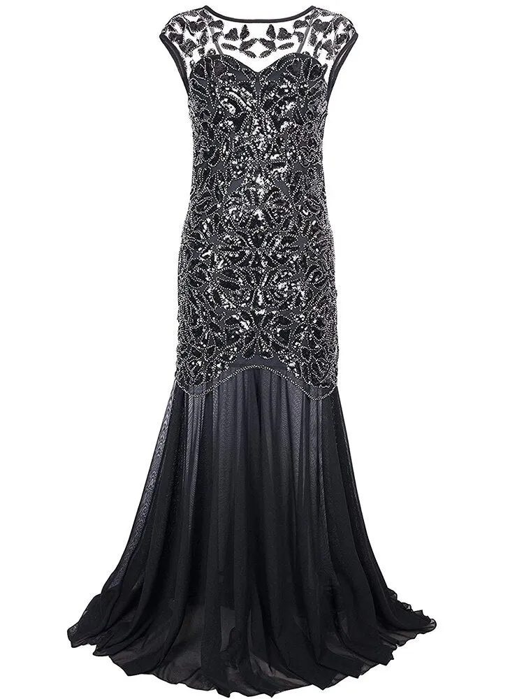 Vestidos Vintage Mujer Sequins Beading Long Evening Dresses Formal Round Neck Lace Long Women Party Special Occasion