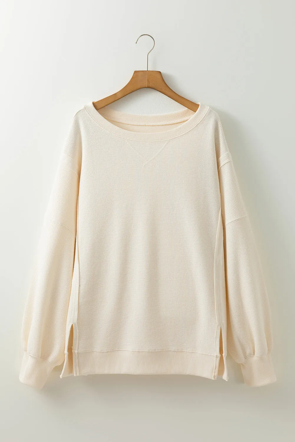 White Solid Color Waffle Knit Drop Shoulder Plus Size Sweatshirt